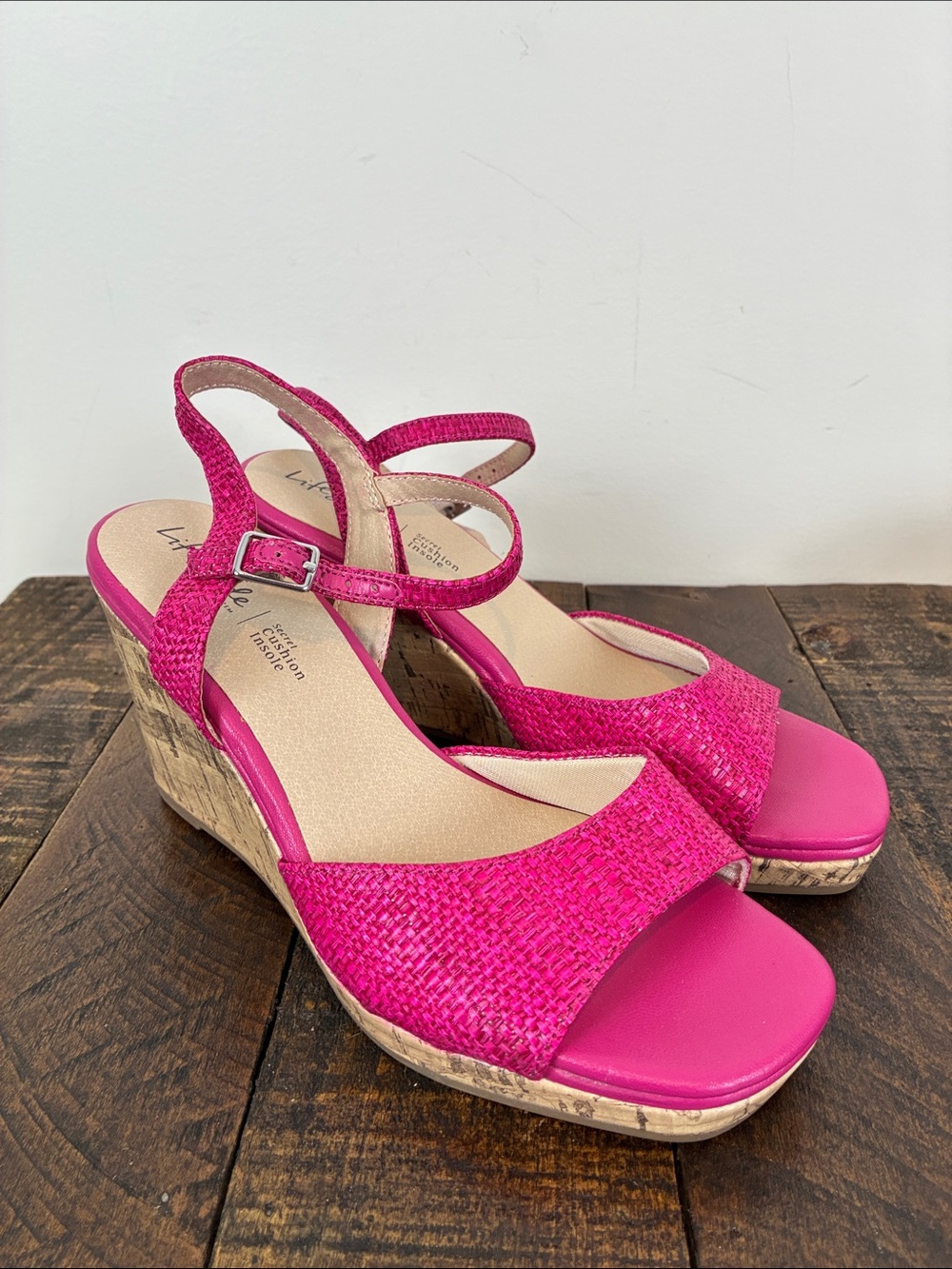 NWOT Life Stride 7.5 Pink Woven Wedge Sandals Ankle Strap Espadrille Barbiecore
